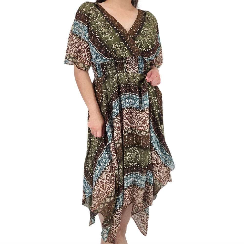Vintage 90s Y2k Bohoโ Brown Green Patchwork Handkerchief Hem Midi Dress
